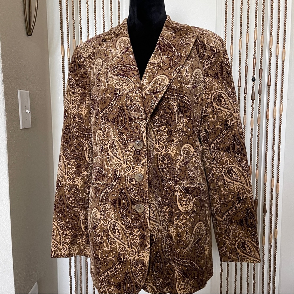 Peck & Peck Weekend Brown & Tan Paisley Womens Corduroy Blazer Size 16